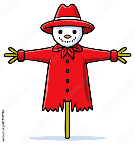 Cartoon Scarecrow in Red Coat and Hat With Stick Legs on White Backdrop
