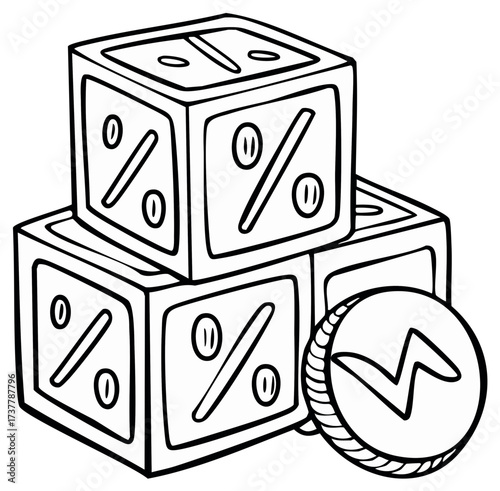 Business concept outline featuring stacked discount percentage boxes and a speed power coin icon