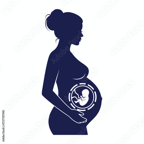 Pregnant woman silhouette with fetus icon inside belly for maternity healthcare and family planning - Vector illustration logo template