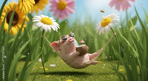 Piglets Peaceful Paradise - A Hammock Dream Amidst Blooming Flowers.