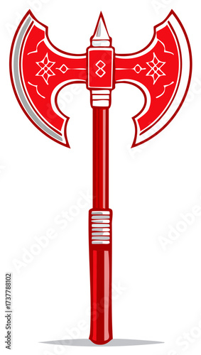 Ornate Red Double-Bladed Axe with Decorative Embellishments and Pointed Top