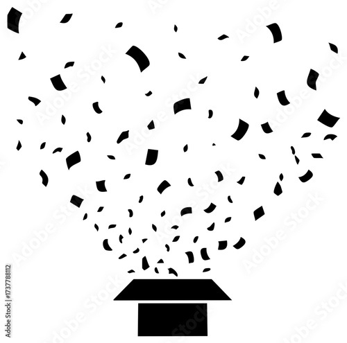 Dynamic black gift box bursting with abstract confetti pieces symbolizing celebration and success