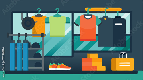 A merchandise area with fitness apparel and equipment for sale.