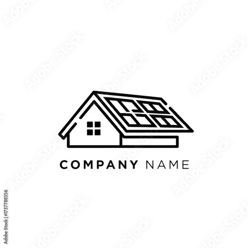 Minimalist house with solar panels logo design.