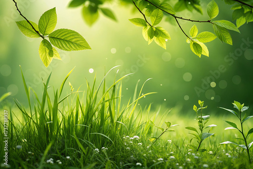 Lush Green Meadow: The image showcases a vibrant meadow filled with fresh green grass and tender leaves, illuminated by a gentle natural light, creating a serene and peaceful ambiance.