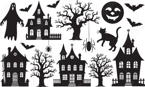 Halloween set Clipart, Black and white halloween themed, Halloween silhouette vector collection happy halloween