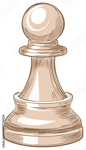 Antique pawn chess piece illustration, strategic board game, wooden sculpture, vintage look drawing, artwork