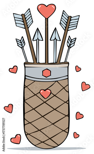 Romantic quiver holding cupid arrows with a heart shaped fletching surrounded by floating love symbols for Valentines Day