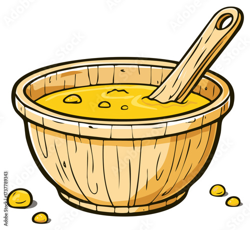 Vibrant cartoon illustration of a traditional wooden bowl brimming with yellow soup or porridge and a wooden ladle