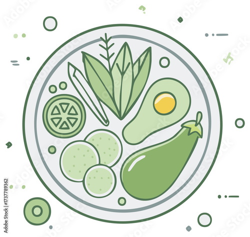 Healthy Eating Plate Illustration with Green Vegetables, Avocado and Egg, Green Colored Food Illustration for diet or vegan concepts