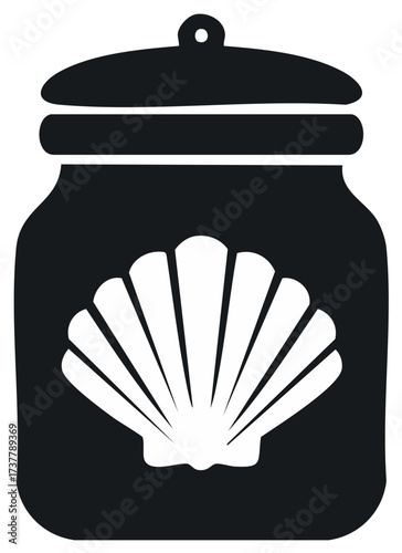 Black and white illustration of a jar with a seashell design.