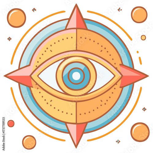 Mystical eye design with compass elements and cosmic details in a flat vector style.