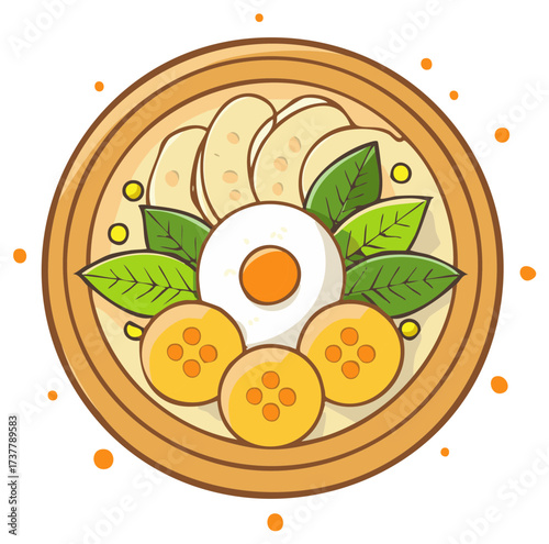 Delicious bowl cartoon illustration with egg, dumplings, and basil leaves ready to eat