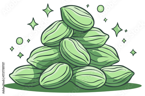 Vibrant green cardamom spice pods piled high with bright sparkling effects cartoon illustration