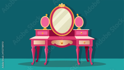 A glamourous vintage vanity table with a trifold mirror.