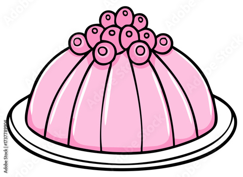 Pink Berry Topped Jelly Dessert Illustration on Plate, Cartoon Style Treat