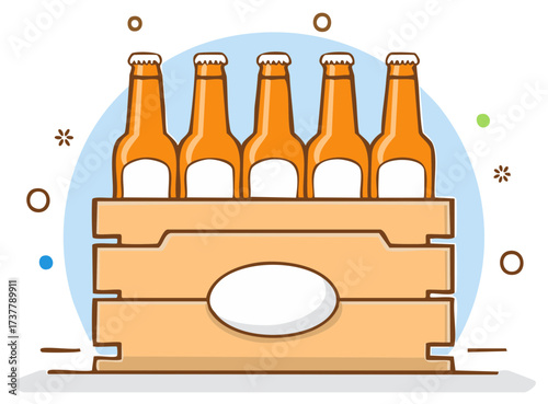 Illustration of Orange Beer Bottles in a Wooden Crate with Design Elements
