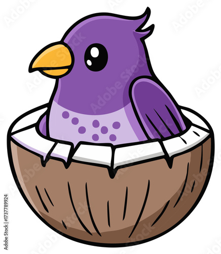 Cartoon Bird in a Coconut Shell