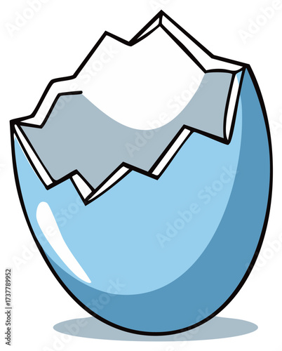 Empty blue cracked eggshell cartoon illustration symbolizing birth and new beginnings