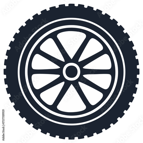 Isolated flat vector wheel graphic with rugged tread and segmented rim tire design