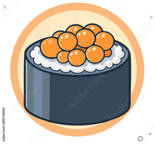 Ikura Gunkanmaki sushi roll with salmon roe cartoon illustration
