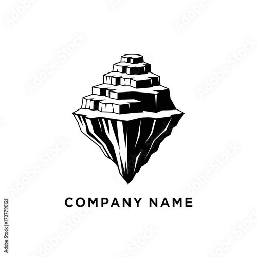 Monochrome Floating Island with Stepped Pyramid Structure and Sharp Rock Formations.