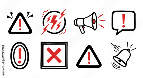 Set of warning signs and icons including exclamation marks, alerts, and danger symbols