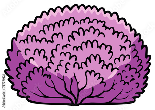 Cartoon of a round fluffy purple plant with visible branches and leaves