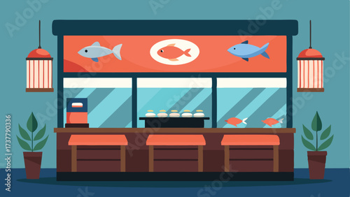 A modern sushi bar with transparent screens showcasing the fresh fish selection complete with a Japaneseinspired decor.