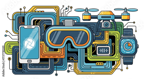 Modern Technology Gadgets - Smartphone, VR Headset, Drone, Smartwatch, and Battery Pack.