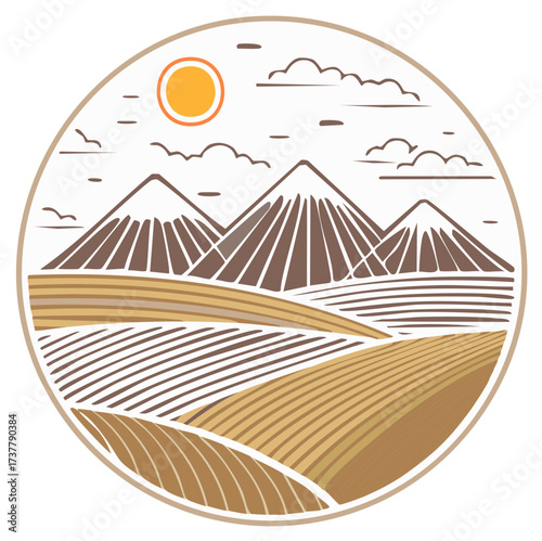 Line Art Landscape of Mountains, Fields, and Sun in Circle, Vector Illustration, Scenic Nature Background, Mountain Range Landscape