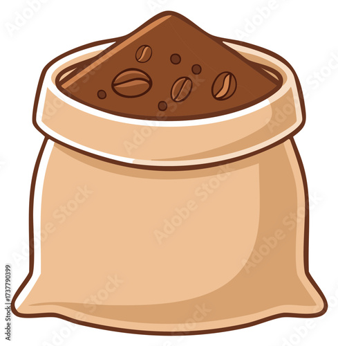Cartoon illustration of a full brown coffee sack with roasted beans and ground coffee