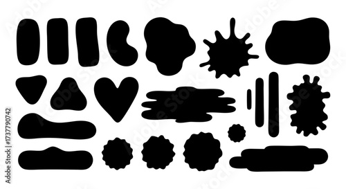 Abstract Black Shapes and Blots Collection on White Background, Vector Elements for Design