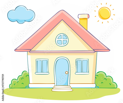 Cartoon house with cloud and sunshine on grass. Residential illustration in a cheerful style.