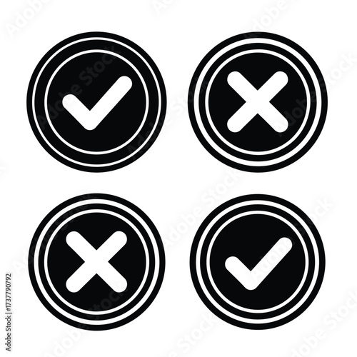 Set of four checkmark and cross symbols within circles for decision making and approval - Vector illustration logo template