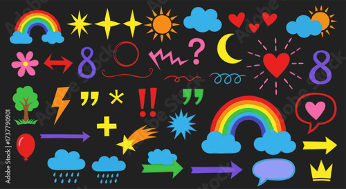 Collection of Hand-Drawn Doodle Elements Rainbows, Stars, Clouds, Hearts, and Symbols for Creative Design