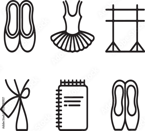 Ballet & Dance Mono Icon Set Ballet Slipper, Costume, Tutu, Barre Rail, Spot Marker, Choreography Notebook, Pointe Shoe