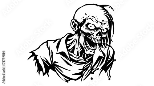 A black and white illustration of a grinning, undead zombie with a skeletal face.