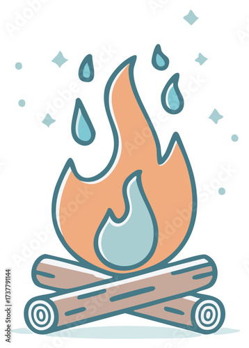 Stylized campfire burning with warm flames interacting with cool falling raindrops and elements