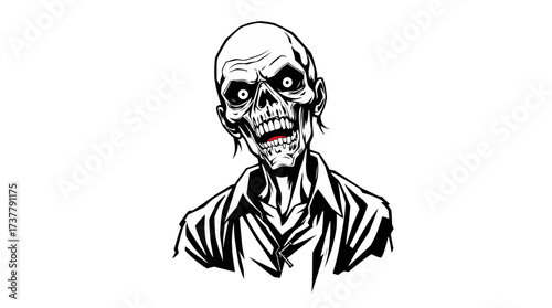 A black and white illustration of a grinning, undead zombie with a skeletal face.