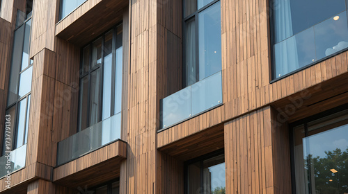 closeup view of modern wooden building facades that creatively incorporate glass elements