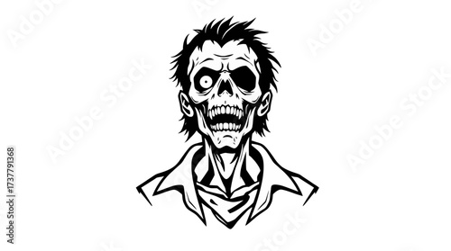A black and white illustration of a grinning, undead zombie with a skeletal face.