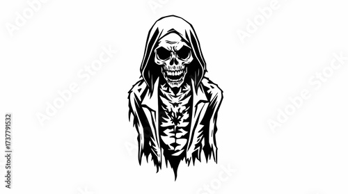 A monochrome illustration of a skeletal figure in a hooded cloak, depicted from the chest up.