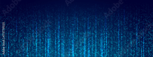 Binary rain background with glowing 0 and 1 digits. Futuristic matrix effect in blue tones. Abstract tech, cyber data stream, software code, computer system, and digital security design. Vector