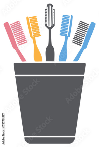 Colorful toothbrushes in a holder illustration for daily dental hygiene and oral care