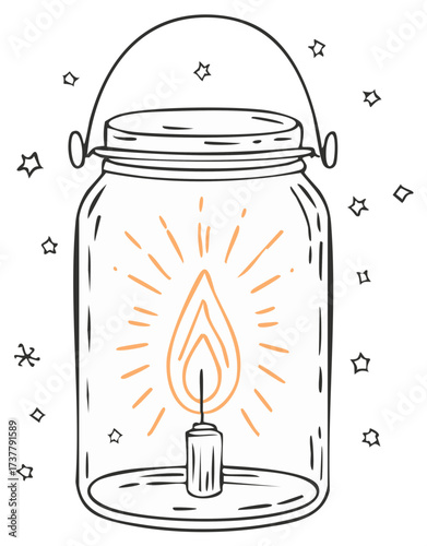 Lantern with Candle and Stars Hand Drawn Illustration