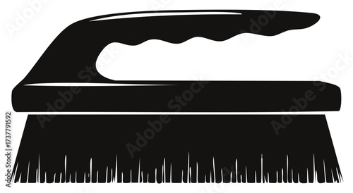 Black silhouette of a scrub brush with handle, a cleaning tool icon vector graphic.