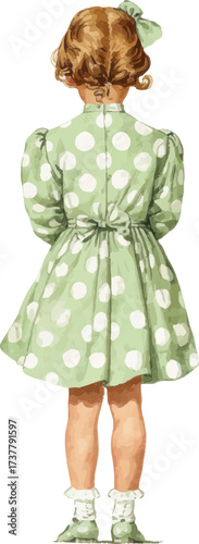Vintage illustration of a little girl wearing a polka dot dress, full-body, in pale green and white colors,