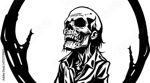 A black and white illustration of a grinning, undead zombie with a skeletal face.