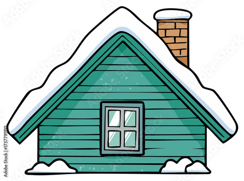 Cozy Teal House with Snow Covered Roof and Chimney
